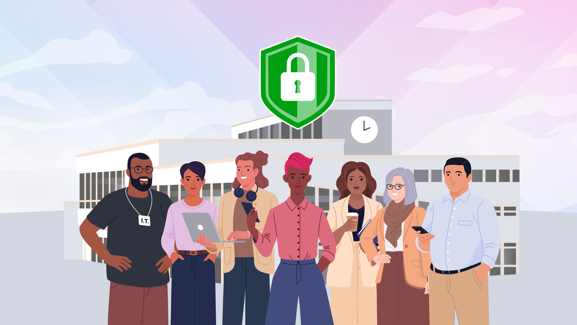 Animated image of people smiling on their laptops and phones with a security padlock above their heads