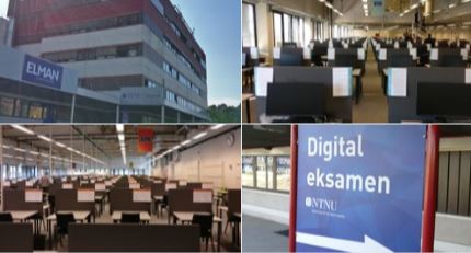 Colour photographs of the exterior and interior of the NTNU 'Exam Factory' building 