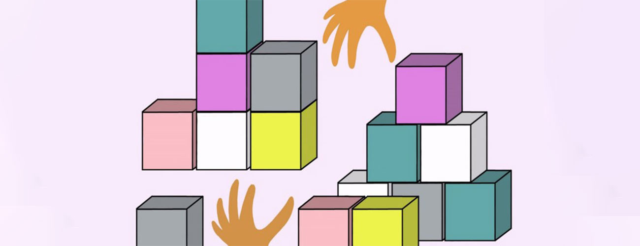 hands and coloured boxes cartoon image