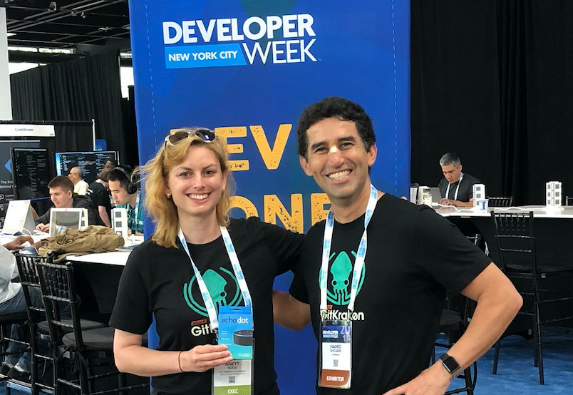 Colour photograph of Annet Soos at GitKraken stand at DeveloperWeek 2018