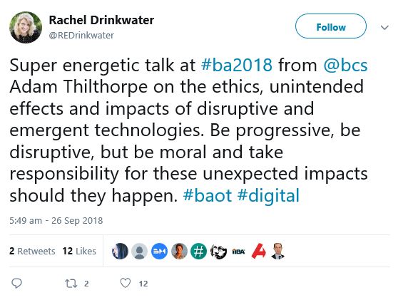 Rachel Drinkwater tweet regarding talk by Adam Thilthorpe on ethics at BA2018