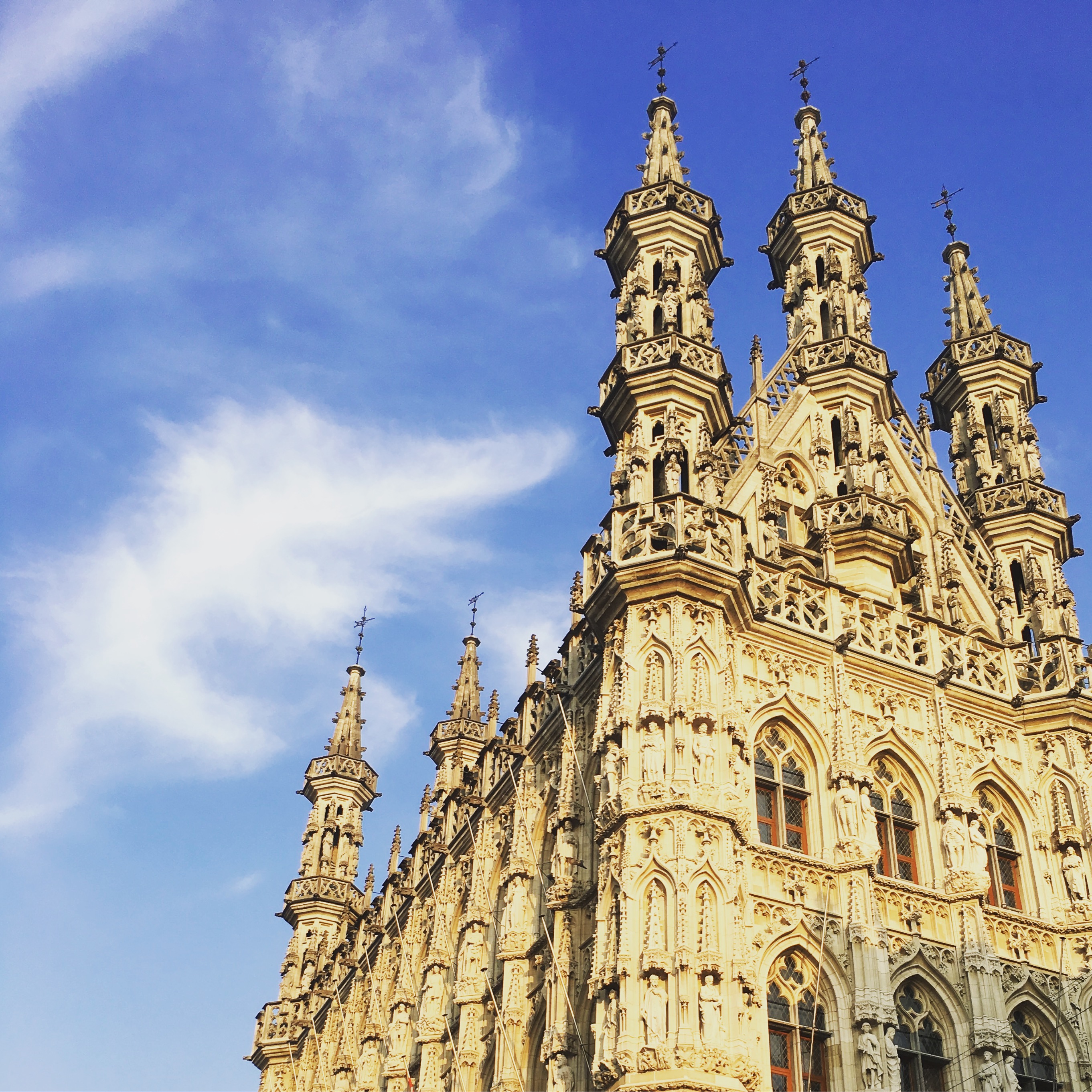 Colour photograph of Leuven town hall against a blue sky 