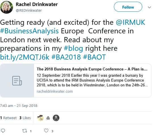 Image of Rachel Drinkwater tweet regarding getting ready for the IRM UK Business Analysis conference 2018